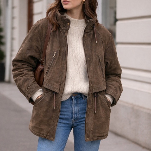 Easy Wear Jackets & Blazers - Vintage 80s Brown Suede Utility Coat Womens S Leather Longline Safari Distressed